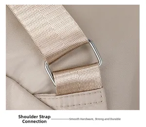 Gros plan sur la bandoulière en nylon kaki avec boucle en métal argenté et couture