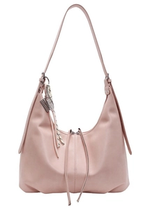 Pink crescent hobo bag with sporty tennis racket charm and stylish ribbon detail