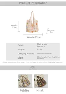 Tabella taglie per borsa tote in maglia con dimensioni 39x31x2cm e dettagli ricamati