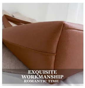 Detail shot of brown lychee grain leather tote with precise stitching and soft texture