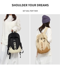 Détails d'un sac à dos de voyage neutre avec plusieurs poches et couleurs contrastées
