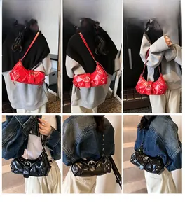 Detailed views of red and black glossy leather shoulder bags with metal buckle and rivets