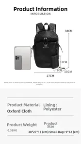Detail view of black oxford hiking backpack dimensions 38x27x13cm with a small pouch