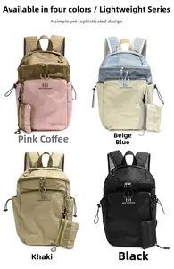 Detail view of large nylon travel backpack in four colors with mini hanging pouches