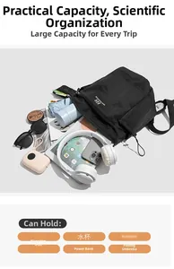 Detailed top view of large capacity travel backpack showing organized storage for iPad and gear