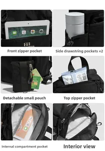 Detail view of large capacity nylon hiking backpack with detachable pouch and compartments