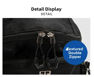 Macro detail of the black hiking backpack featuring dual zippers and nylon texture