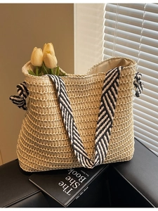 Women Straw Woven Tote Bag Large Capacity Summer Beach Shoulder Bag With Striped Bow Strap Casual Vacation Handbag