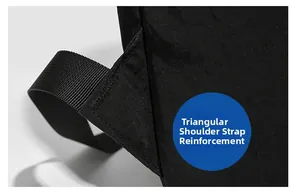 Detailed shot of reinforced triangular stitching on black nylon backpack shoulder straps