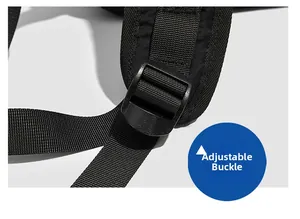 Detail of wide black shoulder strap with adjustable sturdy plastic buckle for backpacks