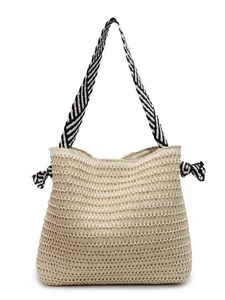 Minimalist straw woven tote bag with striped shoulder straps for summer beach style