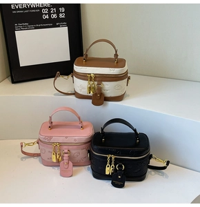 Detailed view of fashionable box bags featuring cartoon embossing and gold padlock charms
