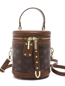 Mini sac seau marron avec imprimés chiots et détails de fermeture éclair dorés pour femme