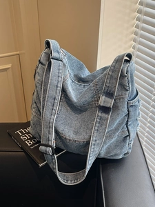 Vintage Large Capacity Denim Crossbody Bag For Women Retro Wash Denim Tote Shoulder Bag Casual Street Style Hobo Bag