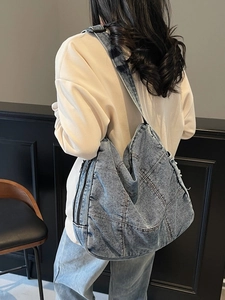 Retro washed denim tote bag with diamond patchwork and adjustable wide shoulder strap