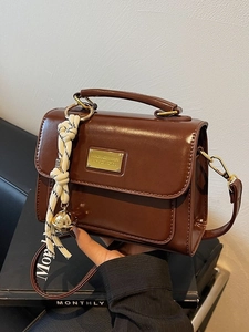 Fashion Women PU Leather Small Square Crossbody Bag With Metallic Plate And Woven Rope Bell Pendant Daily Shoulder Handbag