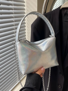 Women PU Leather Pillow Crossbody Bag Fashion Pleated Handbag Metal Chain Metallic Holographic Shoulder Bag Small Purse