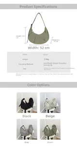 Detailed size chart and specifications for the large nylon crescent crossbody bag