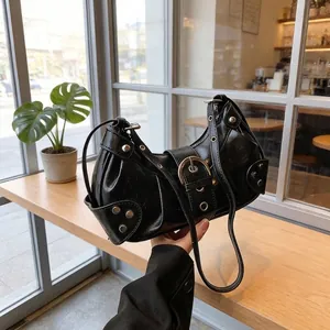 Women's Vintage Punk Rivet Hobo Bag PU Leather Large Capacity Shoulder Crossbody Bag Y2K Glossy Chic Trendy Fashion Purse