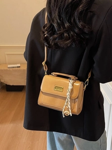 Women's camel PU leather crossbody square bag with polka dot scarf and gold metal hardware