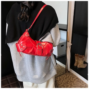 Y2K style bright red shoulder bag with silver buckles for modern women daily use