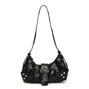 Black crescent shoulder bag with vintage silver buckle and rivets on white background