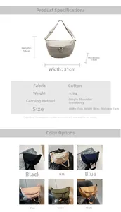 Detailed dimension chart and multi-color options for lightweight nylon dumpling bag