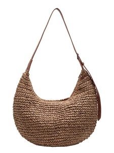 Brown woven hobo beach bag with adjustable faux leather strap on white background