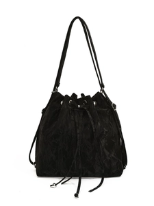 Classic black drawstring bucket bag with textured marble finish and silver metal accents