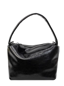 Fashionable black hobo bucket bag in glossy wrinkled leather with a chain shoulder strap