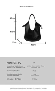 Detailed dimension chart for large black PU leather tote bag with handle height specifications