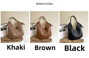 Three minimalist soft leather tote bags in khaki, brown, and black with knotted strap details