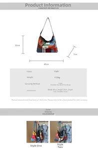 Detailed size specifications for a patterned ethnic style canvas tote bag for women