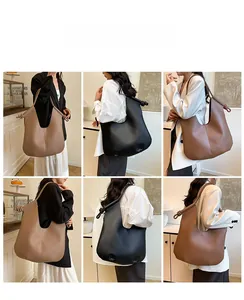 Collage of models wearing large capacity tote bags in black, khaki, and caramel brown