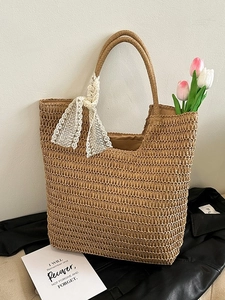 Große Gewebte Stroh Tote Bag Mit Weißer Spitzenschleife Für Damen Französischer Pastoraler Stil Strandhandtasche Urlaub Umhängetasche