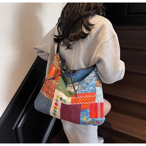 Detail of bohemian patchwork canvas tote bag with drawstring closure and See You tag