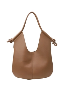 Brown minimalist hobo tote bag in soft synthetic leather with knot handle detail