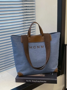 Women Large Capacity Canvas Tote Bag Retro Leather Splicing Shoulder Bag Fashion Letter Print Daily Commuting Travel Handbag
