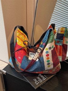Ethnic bohemian patchwork canvas tote bag with drawstring detail and large capacity