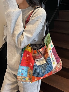 Ethnic style patchwork canvas tote bag with colorful geometric patterns and SEEYOU label