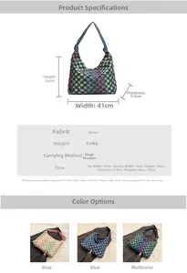 Detailed size chart and color options for large denim patchwork checkered tote bag
