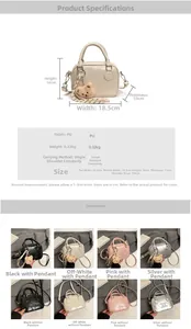 Detailed guide showing small square bag dimensions, weight, and multi-color options