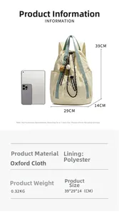 Specifiche dello zaino leggero in nylon e vista di confronto delle dimensioni tablet