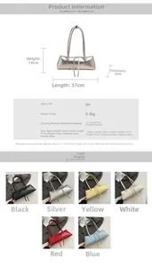 Detailed size specifications for minimalist PU leather baguette shoulder bag and color options