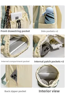 Dettaglio di un grande zaino in nylon con tasche multiple e scomparto per laptop