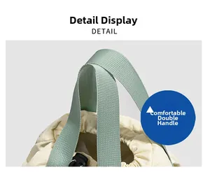 Dettaglio dei manici rinforzati verde menta e del tessuto in nylon sulla borsa con coulisse