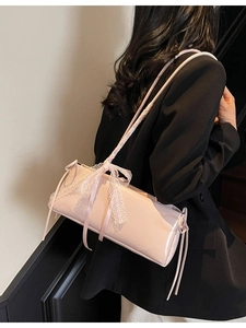 Women PU Leather Shoulder Bag Large Capacity Lace Bow Decor Underarm Baguette Bag Simple Sweet Commuting Daily Handbag