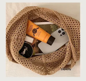 Detail shot of woven tote bag interior showing large capacity with daily essentials