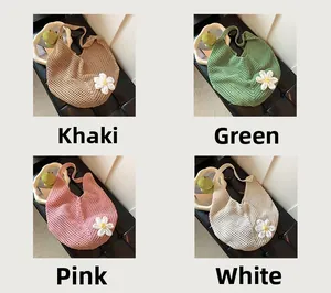 Collage of knit flower tote bags in khaki, green, pink, and white color options