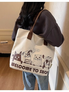 Grand Sac Cabas en Toile pour Femmes Imprimé Chat Chien Dessin Animé Sac à Épaule Décontracté Avec Fermeture Éclair Quotidien